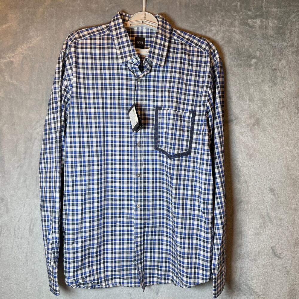 Hugo Boss Mens XL Slim Fit Plaid Button Down Shirt Blue White NWT